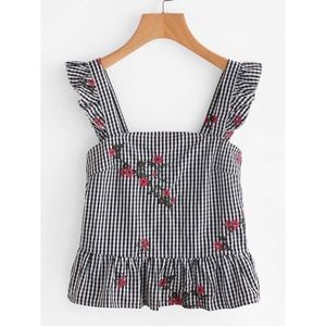 Embroidered Gingham Ruffle Sleeve Tank || Shein